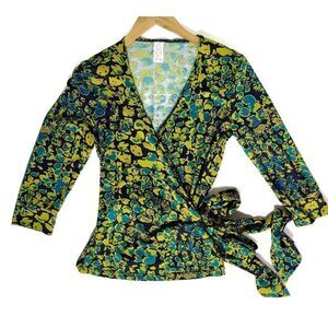 Yellow and Blue Wrap Blouse Top Size Medium